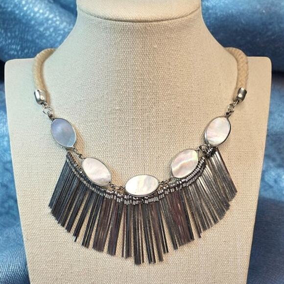 Loft Abalone Shell Silver Fringe Bib Statement Necklace with Braided Beige Cord - Picture 1 of 6